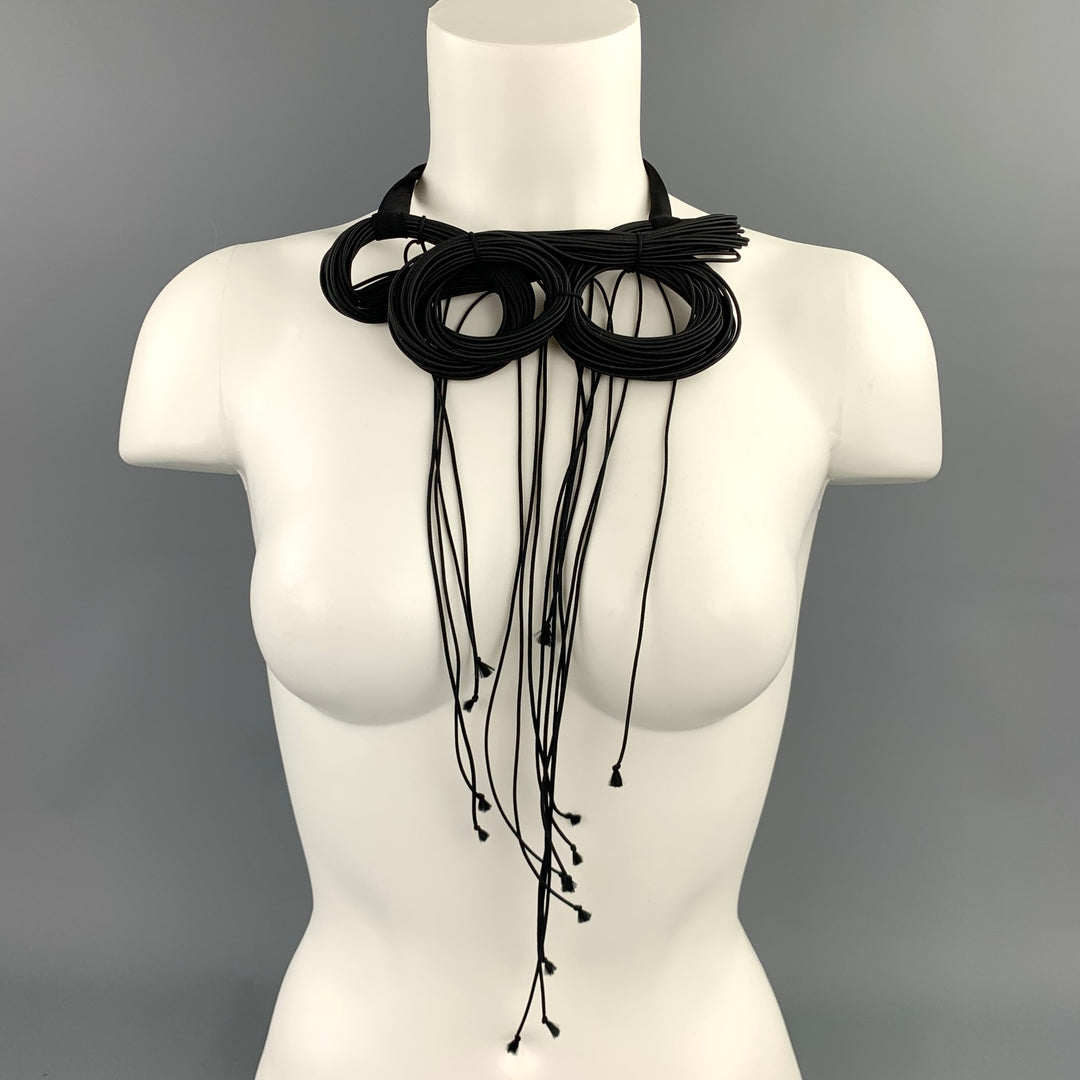 VINTAGE Black Silk Cord Wood Choker Necklace