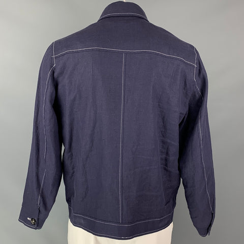 OLIVER SPENCER Size 44 Blue Contrast Stitch Linen Zip Jacket