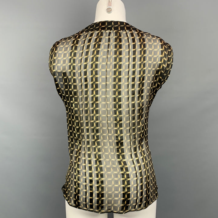 DEREK LAM Size 0 Black & Gold Windowpane Silk Draped V-neck Blouse