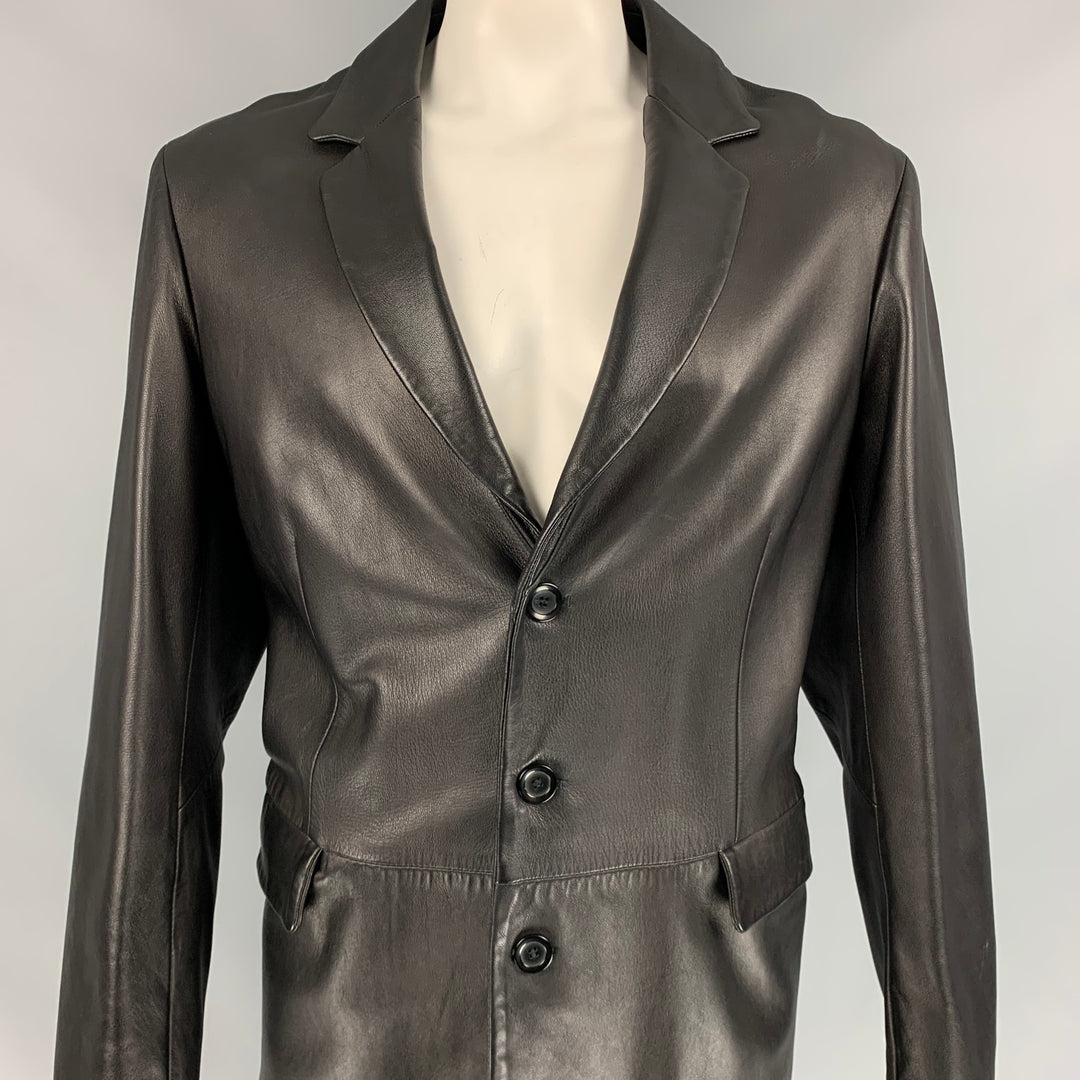 EMPORIO ARMANI Size 46 Black Leather Notch Lapel Coat