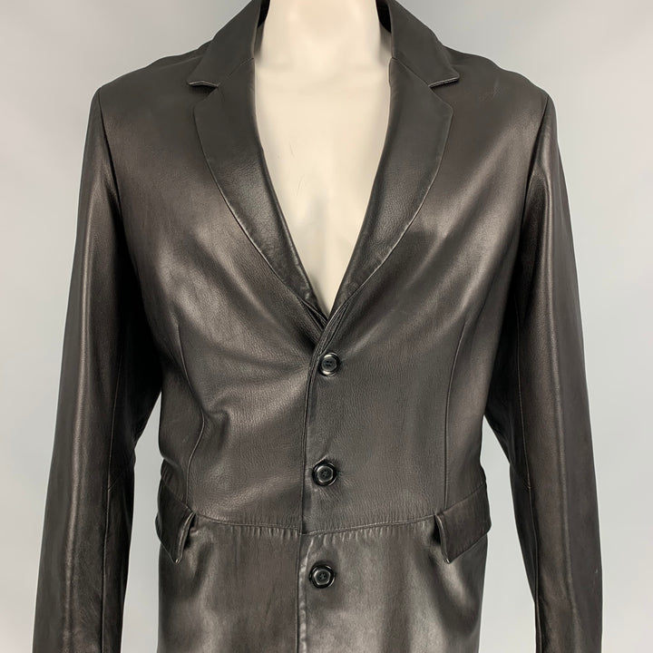 EMPORIO ARMANI Size 46 Black Leather Notch Lapel Coat