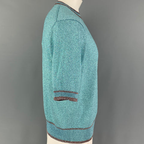 MARC JACOBS Size XL Blue Metallic Viscose Blend Short Sleeve Pullover