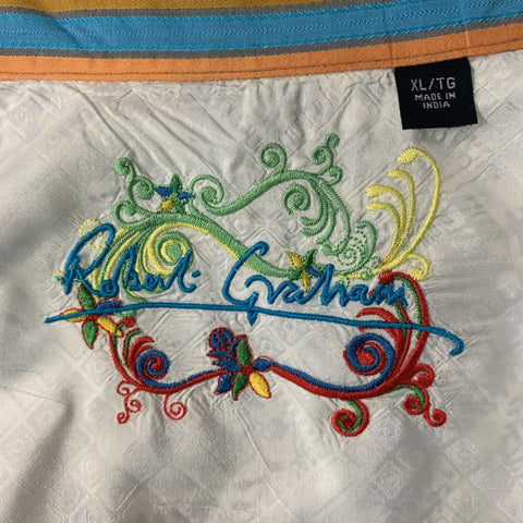 ROBERT GRAHAM Size XL White, Blue & Grey Embroidery Cotton Long Sleeve Shirt
