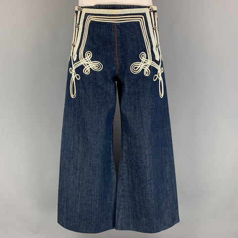 JEAN PAUL GAULTIER Jeans Size 32 Blue White Embroidery Cotton Nautical Wide Leg Jeans