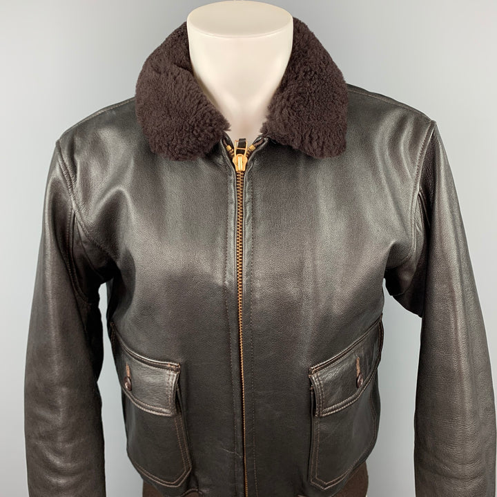 VINTAGE Size L Brown Leather Bomber Jacket