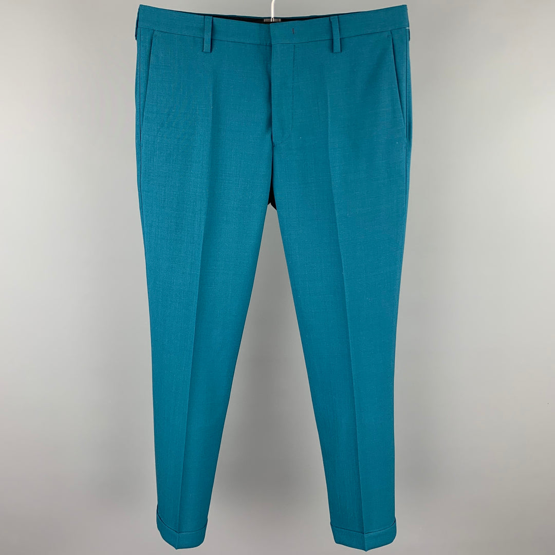 PAUL SMITH Talla 30 Pantalón de vestir con puños de lana verde azulado