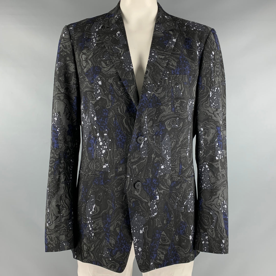 ISSEY MIYAKE Size XL Grey Blue Marble Wool Notch Lapel Sport Coat