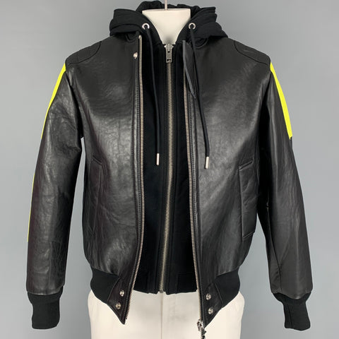 DIESEL Size L Black Yellow Color Block Leather Zip Up Brando Jacket