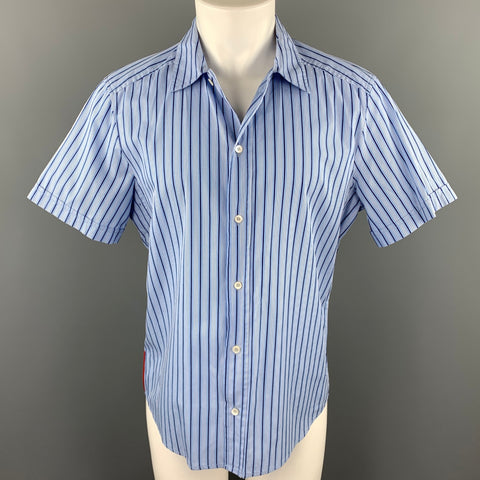 PRADA Size M Blue Stripe Cotton Button Up Short Sleeve Shirt