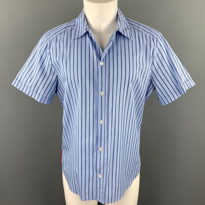PRADA Size M Blue Stripe Cotton Button Up Short Sleeve Shirt