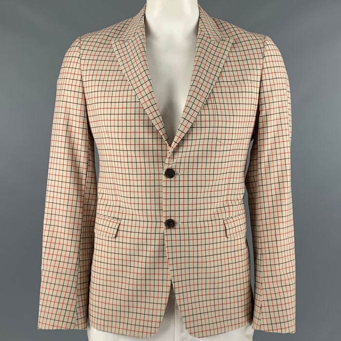 PRADA Size 42 Beige Red Black Window Pane Wool Mohair Sport Coat