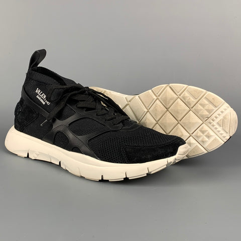 VALENTINO Size 12 Black Mixed Materials Lace Up Sneakers