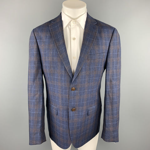 TOMMY HILFIGER Size 40 Navy & Brown Plaid Linen Notch Lapel Sport Coat