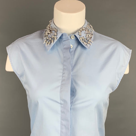 PACO RABANNE Size 2 Light Blue Poplin Cotton Beaded Collar Blouse
