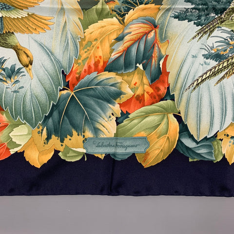 SALVATORE FERRAGAMO Navy Green Bird Print Silk Scarf