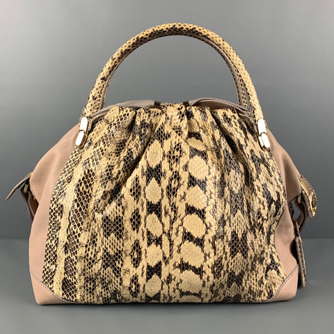 NINA RICCI Beige Brown Mixed Leathers Calfskin Satchel Handbag