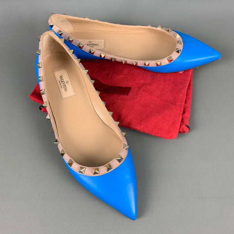 VALENTINO Size 10 Blue Nude Leather Contrast trim Flats
