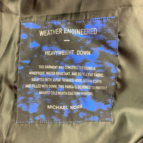 MICHAEL KORS Weather Engineered Size XL Black & Blue Print Polyester Hooded Parka Coat