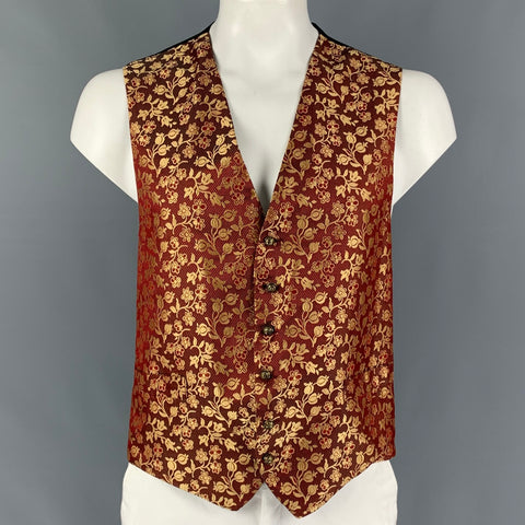 FAVOURBROOK Size 48 Red Gold Jacquard Silk Buttoned Vest