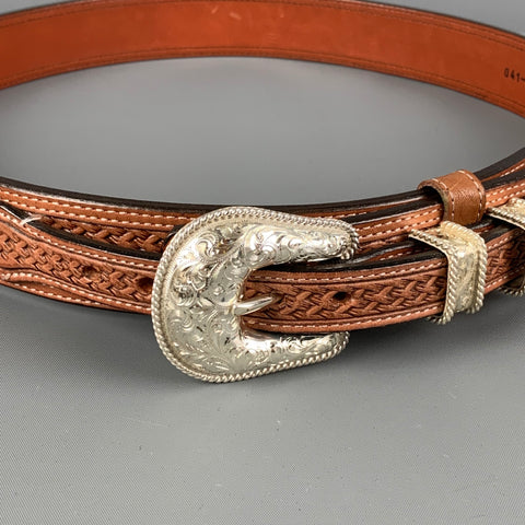 ORVIS Size 36 Brown Textured Leather Sterling Silver Belt