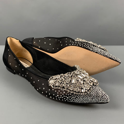 BADGLEY MISCHKA Size 10 Black Satin Beaded Slip On Flats