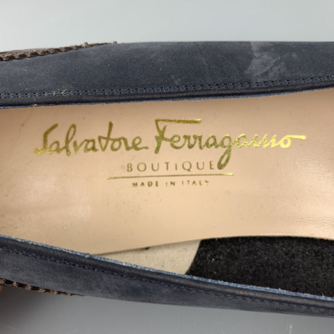 SALVATORE FERRAGAMO Size 10 Brown / Blue Suede Embossed Pumps