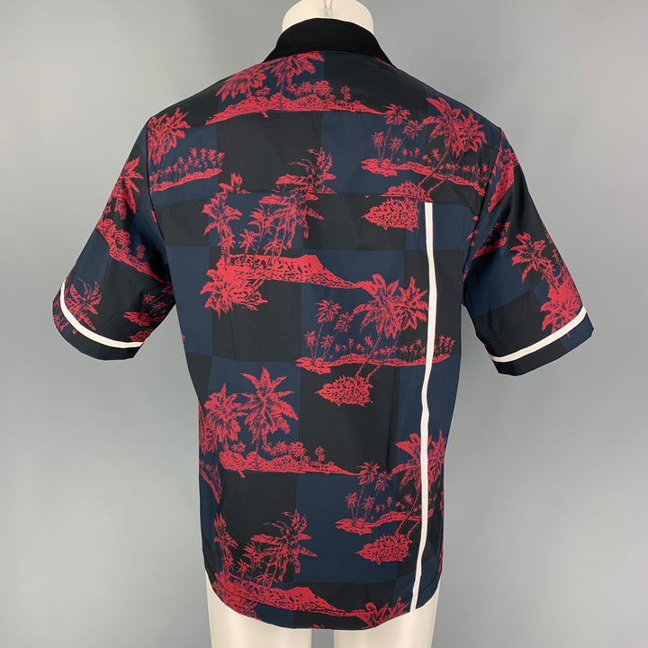 3.1 PHILLIP LIM x FILA Size L Navy Red Print Full Zip Short Sleeve Shirt