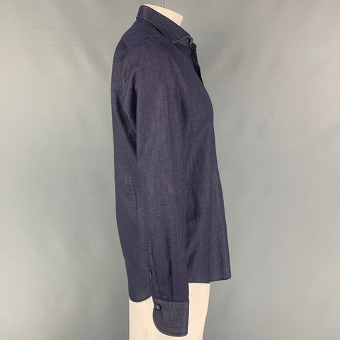 FINAMORE Size L Navy White Dots Cotton Button Up Long Sleeve Shirt
