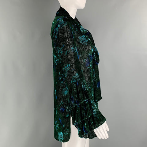 PRABAL GURUNG Size 0 Green Black Viscose  Silk Abstract floral V-Neck Dress Top
