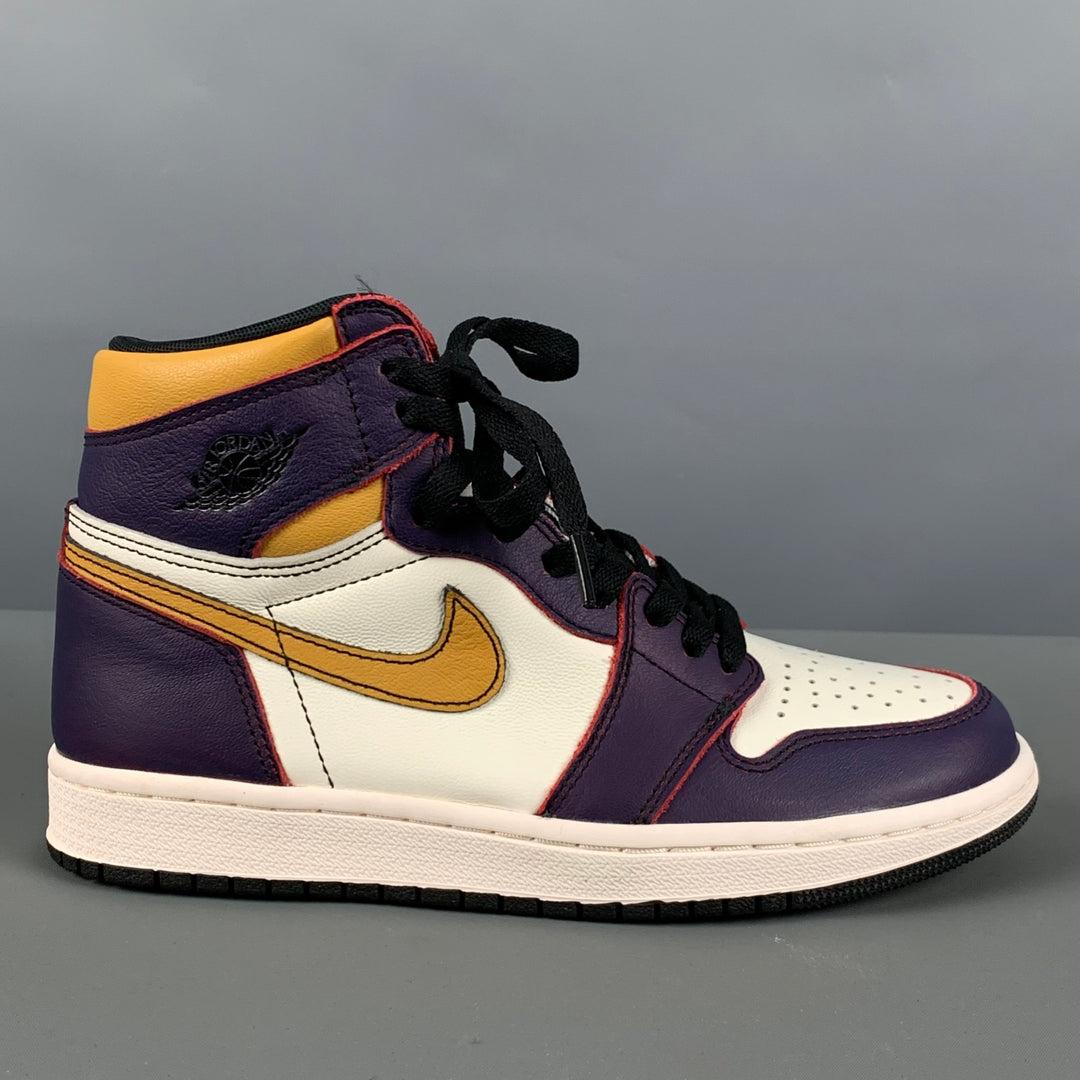 NIKE Size 6 White Purple Color Block Leather High Top Sneakers