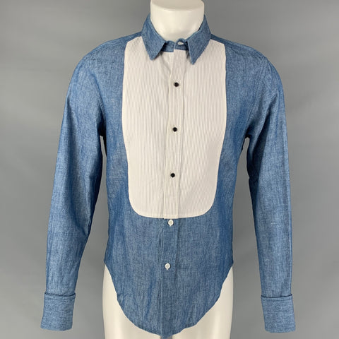 BAND OF OUTSIDERS Size M Blue and  White Color Block Cotton &  Linen Long Sleeve Shirt