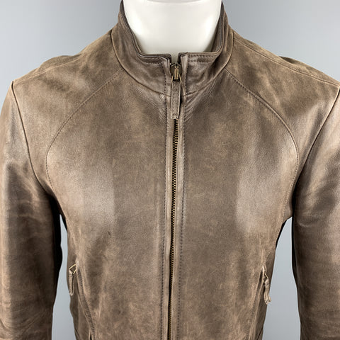 ARMANI JEANS Chaqueta desgastada con cremallera de cuero marrón talla S