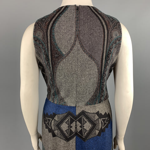 ETRO Talla 12 Vestido recto drapeado sin mangas de mezcla de lana estampada gris