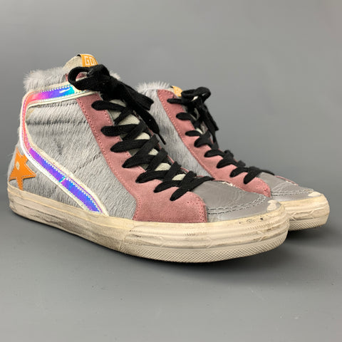 GOLDEN GOOSE Zapatillas con pasador de pelo de poni de cuero gris y rosa Talla 8