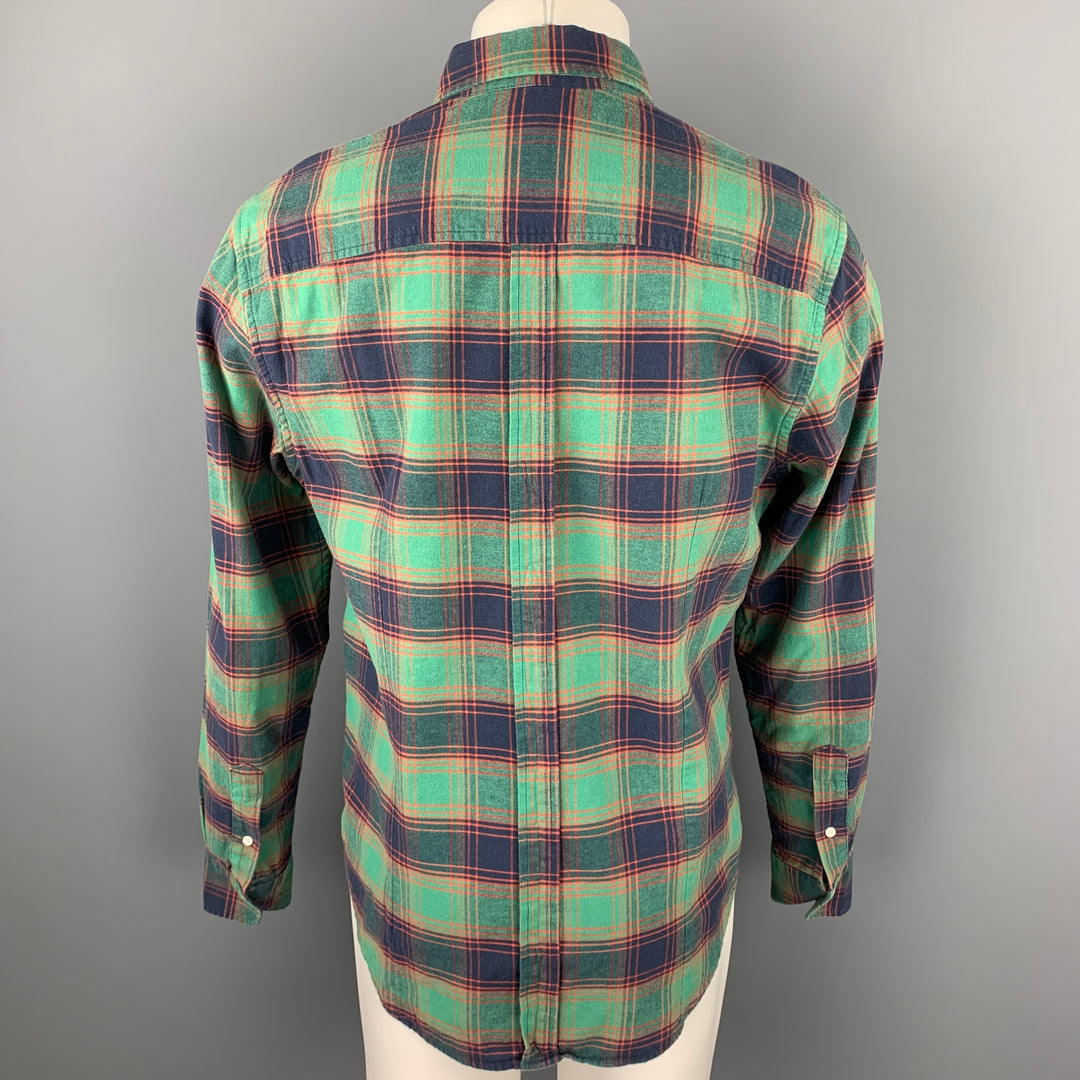 BAND OF OUTSIDERS Size L Green & Navy Plaid Cotton Button Down Long Sleeve Shirt