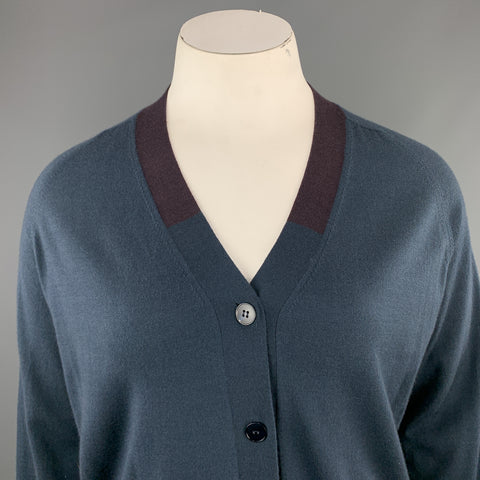 JIL SANDER Talla 12 Cárdigan de mezcla de cachemira con bloques de color azul marino y ciruela