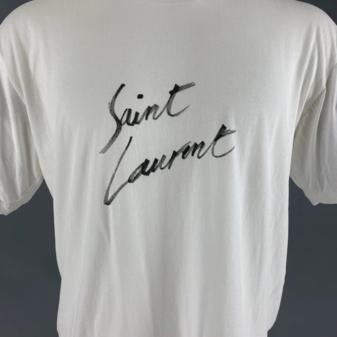 SAINT LAURENT Taille M T-shirt à manches courtes en coton avec logo blanc gris