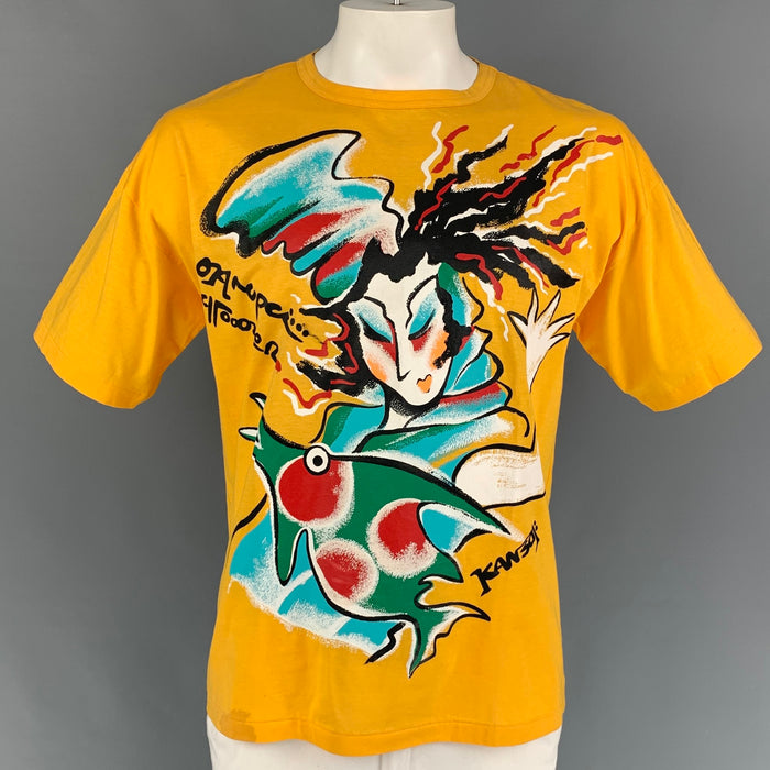 vintage KANSAI YAMAMOTO Taille L Jaune Multi-Color Graphic Cotton Short Sleeve T-shirt