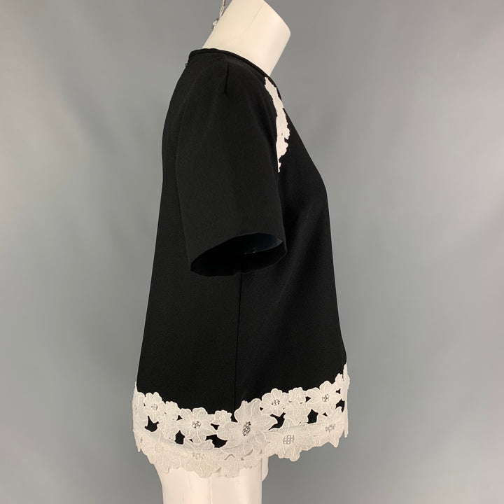 KATE SPADE Talla 4 Top de vestido de manga corta con apliques de flores de poliéster blanco y negro