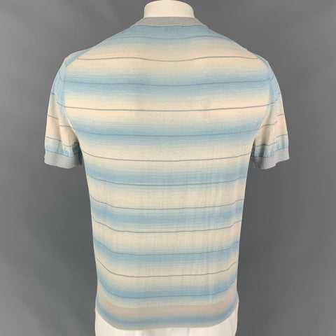 ZEGNA Size L White & Blue Stripe Crew-Neck T-shirt