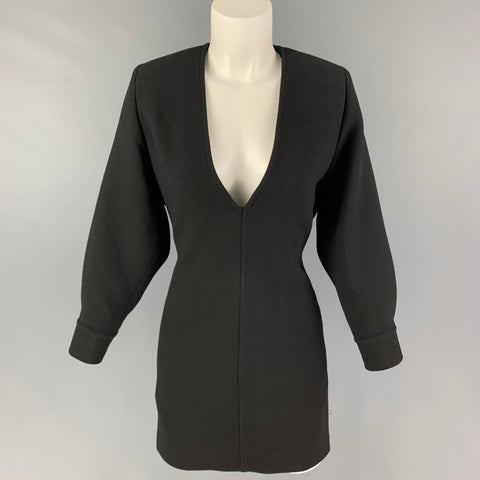 SAINT LAURENT Size 2 Black Wool Double Crepe V-neck Mini Dress