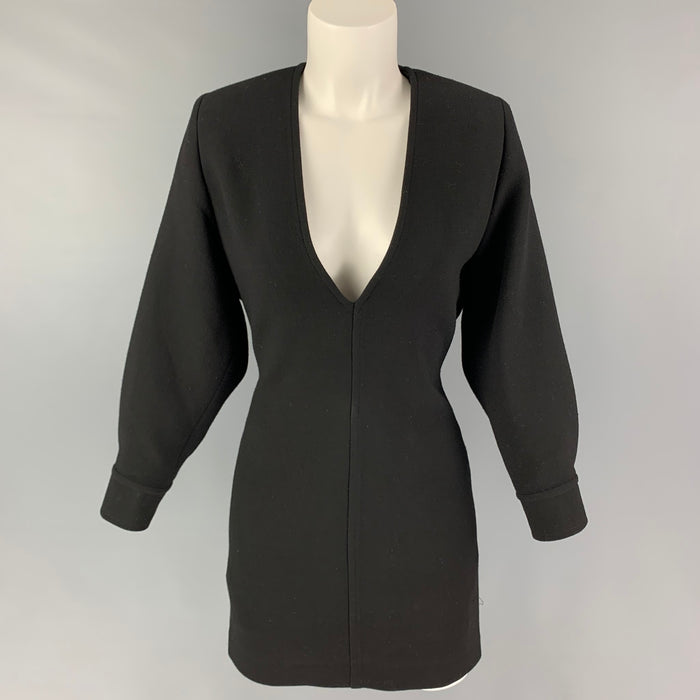 SAINT LAURENT Size 2 Black Wool Double Crepe V-neck Mini Dress