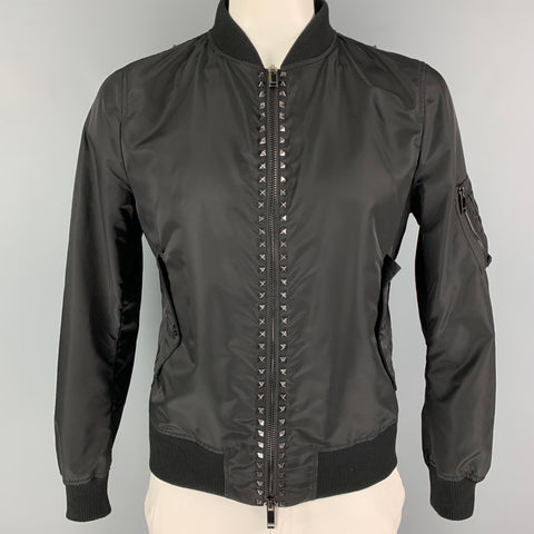 VALENTINO Size 40 Black Studded Polyamide Bomber Jacket