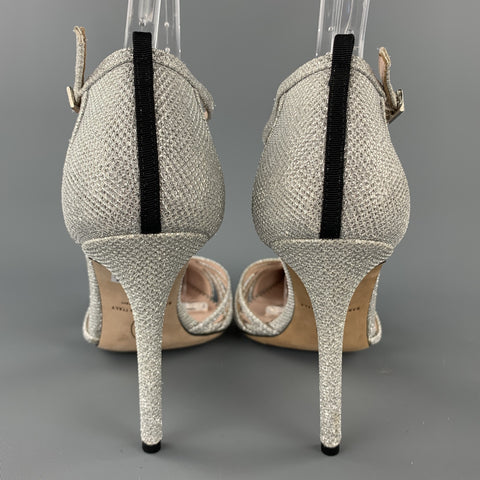 SJP Size 9 Silver Metallic Fabric T- Strap Carrie Pumps