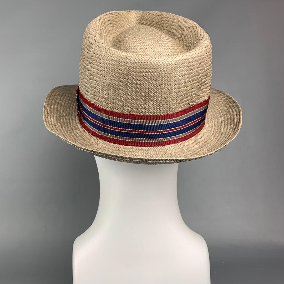 STETSON Size 7.5 Light Gray Straw Ribbon Fedora Hat