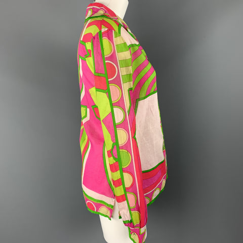 EMILIO PUCCI Vintage Size M Fuchsia & Green Print Cotton Spread Collar Blouse