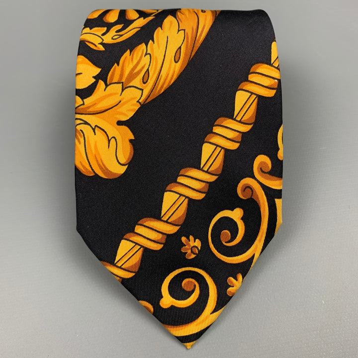 SAKS FIFTH AVENUE Black & Gold Baroque Silk Tie