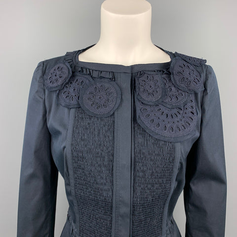 PRADA Taille 8 Veste sans col en coton à œillets bleu marine