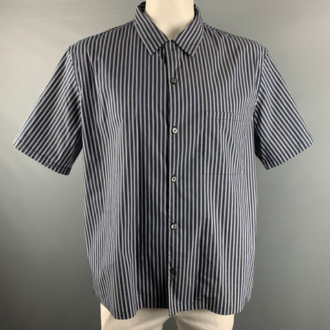 THEORY Size XXL Black White Stripe Cotton Blend One pocket Short Sleeve Shirt