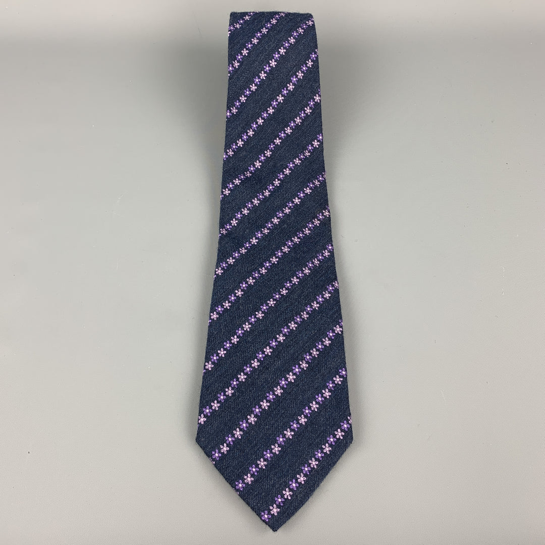 CHRISTIAN LACROIX  Navy & Purple Floral Stripe Silk / Wool Tie